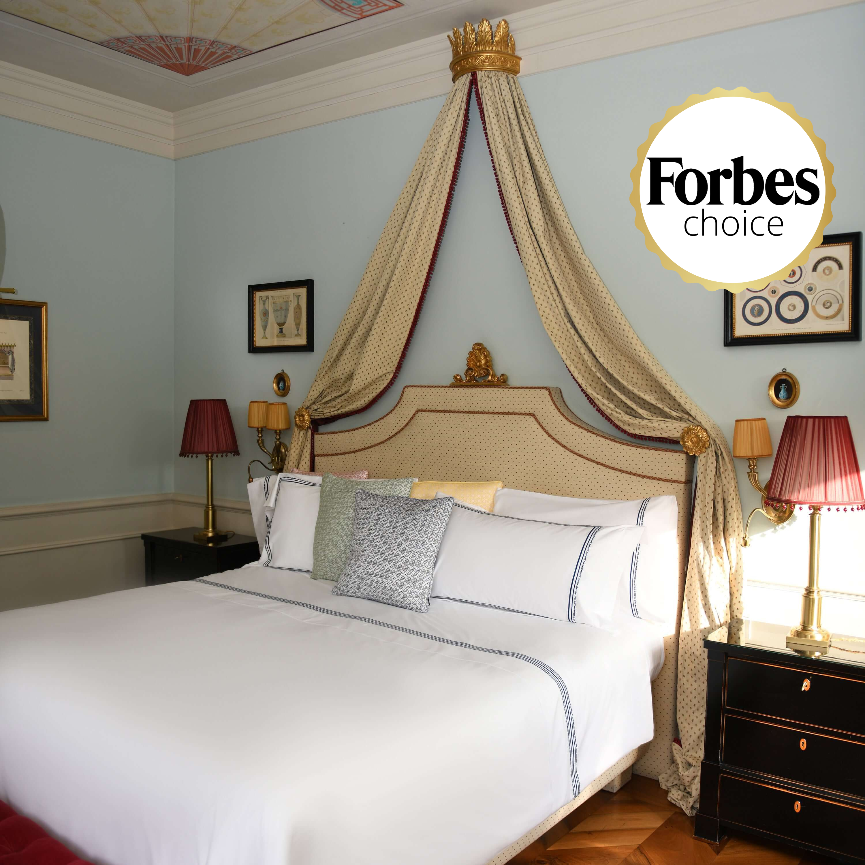 Luxury navy embroidered duvet set by Villa Cotton in Forbes-rated royal bedroom, styled with long-staple cotton and Italian elegance